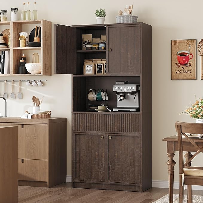 Garvee Tall Kitchen Pantry Cabinet, 70 in Pantry Storage Cabinet with Countertop, Fluted Kitchen Hutch Cabinets with Doors and Drawer, Freestanding Cupboard for Dining Room, Living Room, Brown