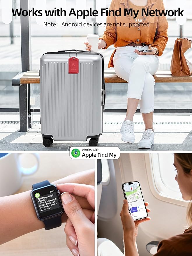 Luggage Tags, Works with Apple Find My, Leather Luggage Tag for Suitcases, Travel Tags, Bag Tag, Suitcase Tag with Privacy Flap, Anti-Lost Smart Luggage Tracker, Travel Essentials, Red