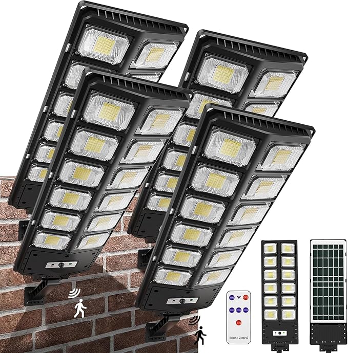 Solar Street Lights Outdoor Waterproof, IP66 15000LM 6500K Solar Flood Lights Dusk to Dawn Wide Angle Motion Sensor and Remote,Upgrade Fixing Rod (4 Pack)