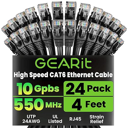 GEARit Cat 6 Ethernet Cable Pack - 24-Pack 4 ft Cat6 Ethernet Patch Cables | RJ45 Network Patch Cable, 10 Gbps Snagless Gold-Plated Connectors - Ethernet Cable Cat 6 for PC, TV, Router - Black