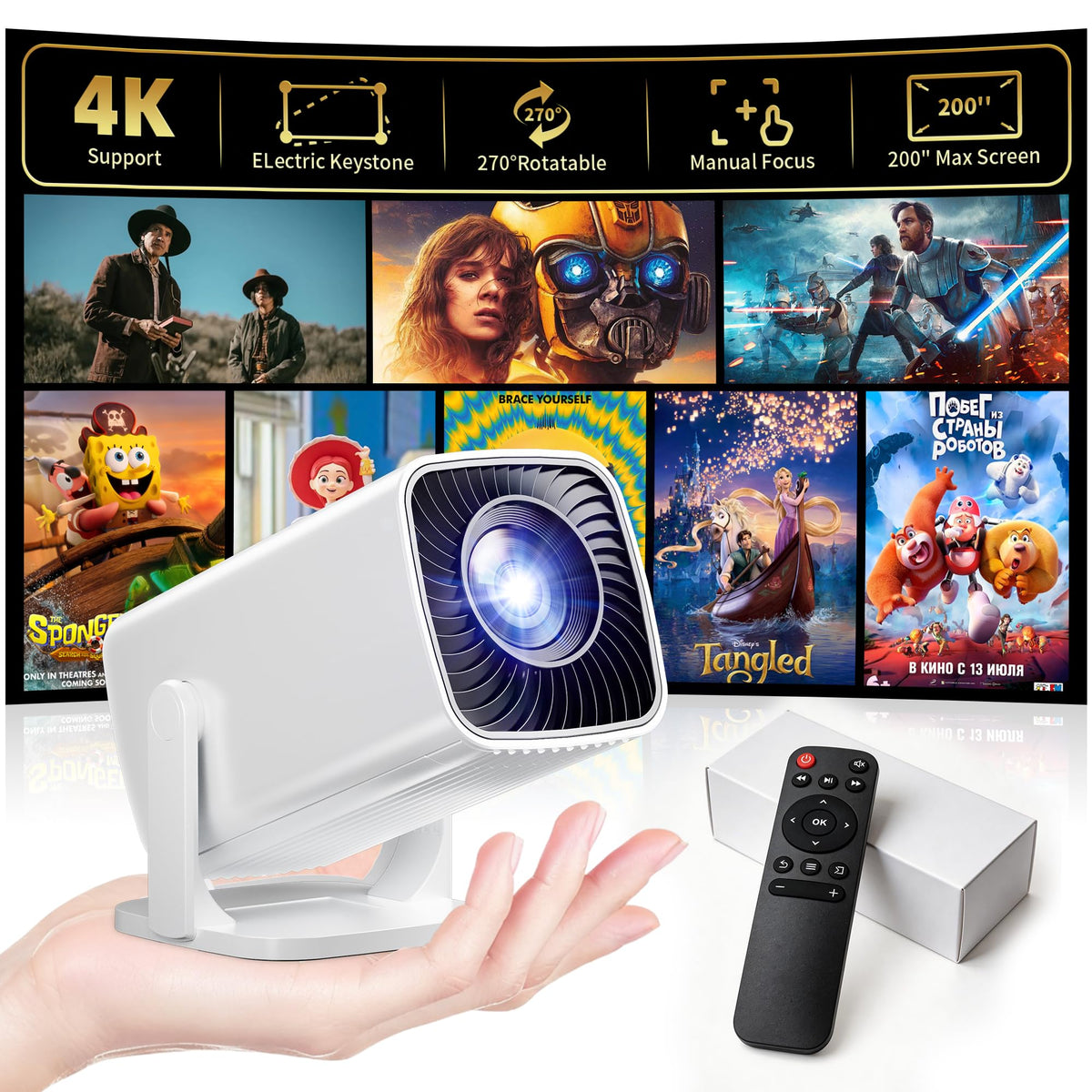 Mini Projector 4K Support, Portable Projector Full HD 1080P Support