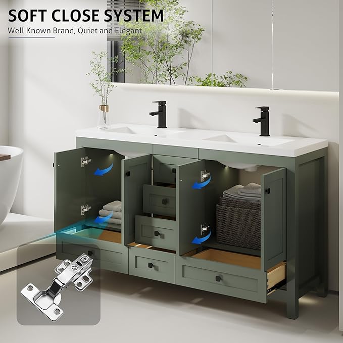 eclife 60" Bathroom Vanities with Sink Combo, Modern Thickened Wood Bathroom Storage Cabinet w/Undermount Double Sink, Matte Black Faucet Drain, Painted Surface, Green