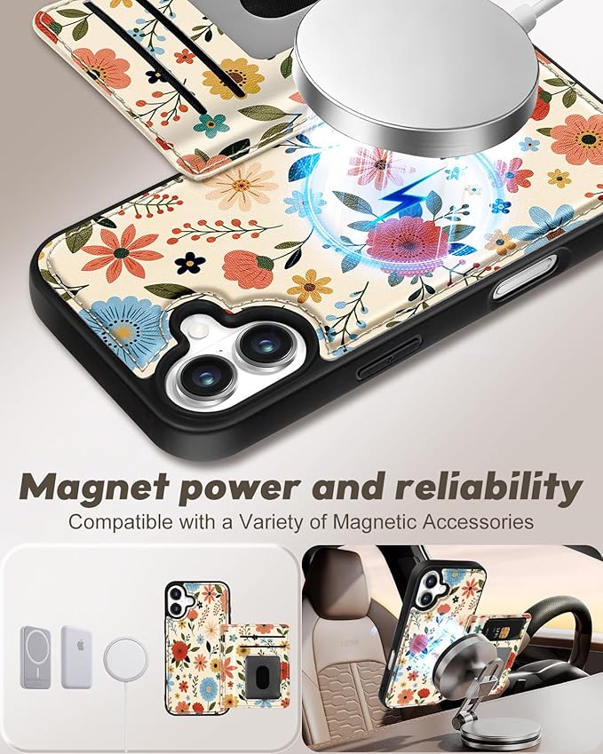 for iPhone 16 Wallet Case - Fits 4 Card Slots, Compatible with MagSafe for Women Aesthetic Durable PU Leather Credit Card Holder Kickstand Phone Cover for Apple 16, Beige Flower