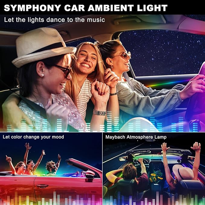 Dreamcolor Acrylic Interior Car LED Strip Light with USB/Type C, 43.3 inches Fiber Optic Ambient Lighting Kits, 16 Million Colors Sound Active Function Neon Accessories