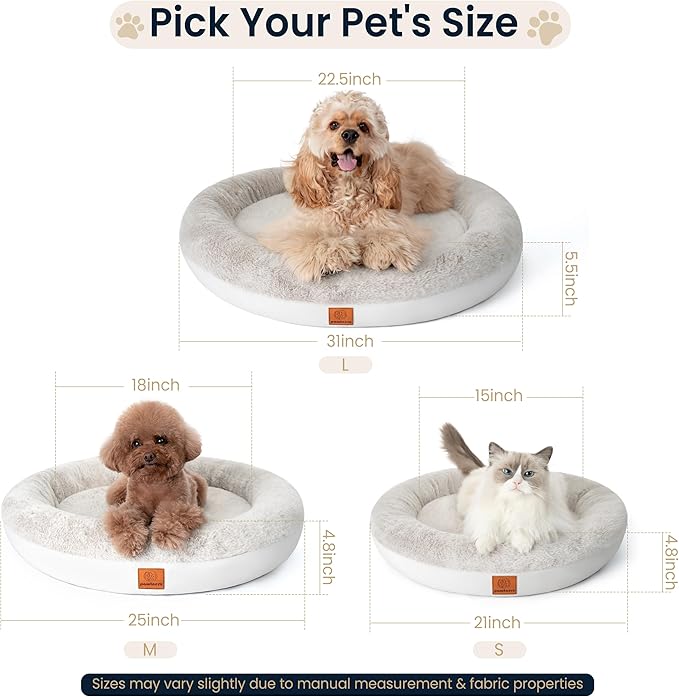 Round Donut Dog Bed – Luxury Orthopedic Dog Beds with Memory Foam – Calming Bolster Pet Bed, Water-Resistant, Washable Plush Cover, YKK Zipper – Small Dogs & Cats (21 Inches)