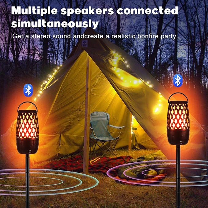 Upgraded Outdoor Bluetooth Speakers, 2 Pack RGB Flame Speaker Multi-Sync Speakers, Flame Torch Atmosphere Speaker for Party Garden Patio, IPX6 Waterproof, Gifts for Men Women