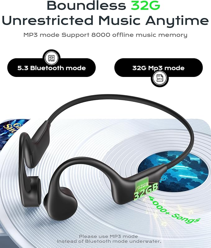 Open Ear Sport Headphones, Wireless Bone Conduction Earphones, Built-in 32GB MP3,with Mic, IP68, Sweat & Water Resistant, Up to 8 Hours Battery, Bluetooth 5.3,for Running,Swimming,Workouts