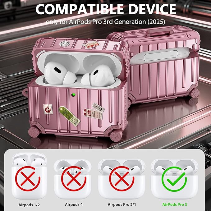 KOREDA Compatible with AirPods Pro 3 Case Cover, Cute Funny Suitcase Design Case for AirPods Pro 3rd Generation, Fashion Protective Hard Case for Women Men with Keychain and Cleaner Kit (Rose Gold)
