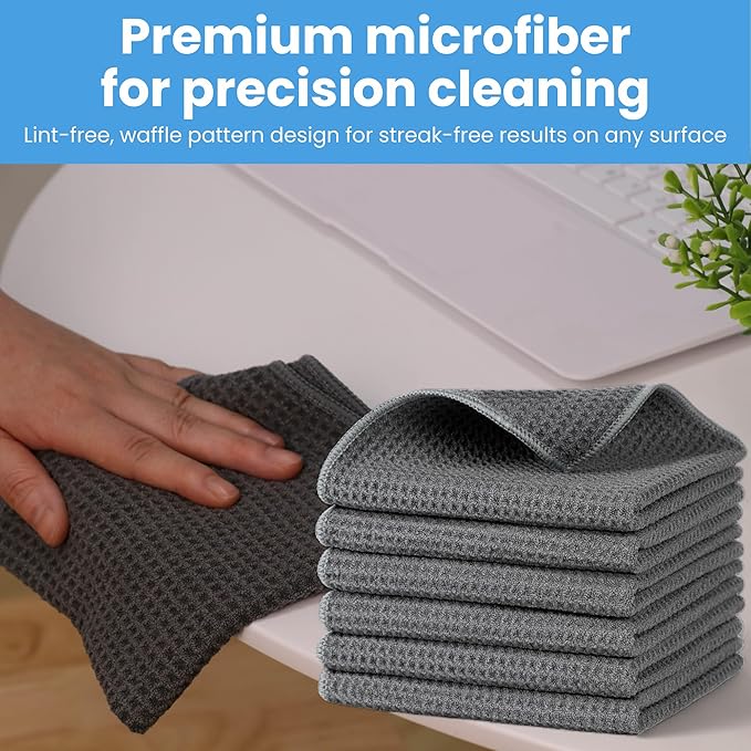 Waffle Weave Microfiber Cloths - 12 x 12 inches - Lint Free Cloth, Streak-Free Absorbent Microfiber Glasses Cleaning Cloth, Screens, Dusting & Appliances - 6 Pack Premium Cloth Wipes