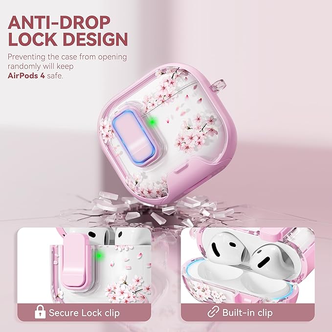 with Safety Lock for Apple AirPods 4 Case,Clear Floral Cute AirPod 4th Generation Case with Phone Stand & Cleaning Kit for Women Girly-Cherry Blossom