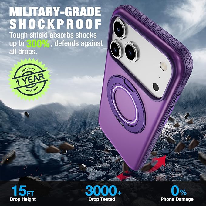 for iPhone 17 Pro Case [Compatible with Magsafe] [15 FT Military Grade Drop Protection] with Screen Protector & Lens Protector,Shockproof Kickstand Phone Case for iPhone 17 Pro (Purple)