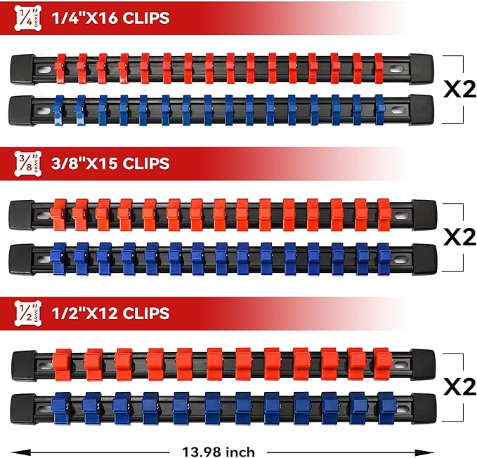 ALOANES 12PC ABS Socket Organizer, Socket Rails Fit 1/2 inch, 3/8 inch and 1/4 inch Drive, Heavy Duty Socket Holders Hold up to 172 Sockets, Black Rails with Red and Blue Clips