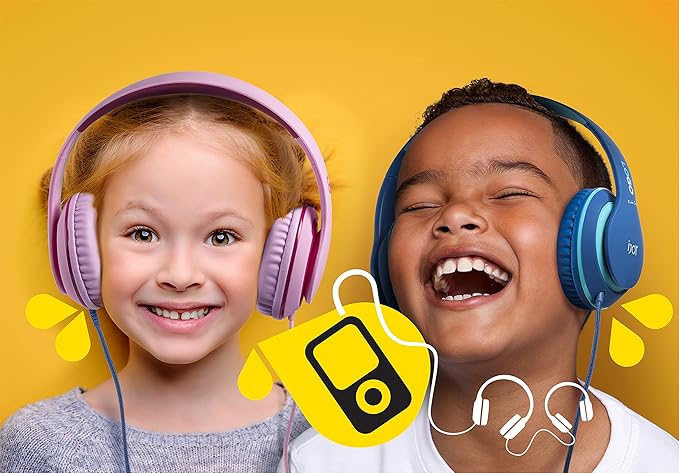 iJoy Premium Headphones with Microphone for Kids Kid Safe Over-Ear Headphones with Hearing Protection for Boys & Girls- Kid’s Adjustable Headset with Mic for School, Music- Blue (Pink)