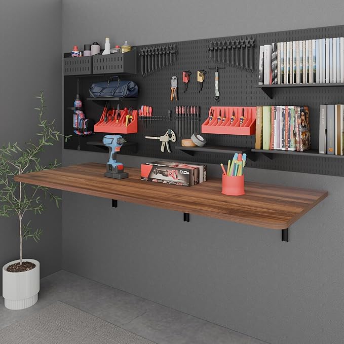 IAE 55" x 22" Floating Foldable Desk,Wall-Mounted Folding Computer Table with Engineered Wood,Study Table with Shelf Brackets,Fold Down Shelf,Fold Computer Desk for Small Spaces,Holds 500 lb,Brown