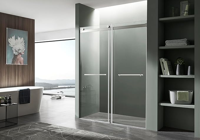 ANZZI 76 x 60 inch Frameless Shower Door, Brushed Nickel, Kahn Water Repellent Glass Shower Door with Seal Strip Parts and Handle | Easy Glide Rollers Sliding | SD-FRLS05802BN