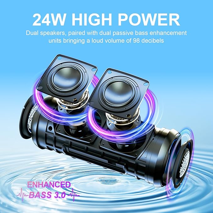 Small Portable Bluetooth Speaker, 24W Deep Bass, RGB Lights, IPX7 Waterproof, TWS Pairing, 12H Playtime, Outdoor Speaker for Travel, Party, Biking (Black)