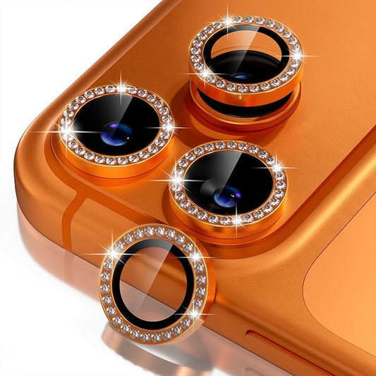 Misea Compatible for iPhone 17 Pro/iPhone 17 Pro Max Camera Lens Protector Bling, 9H Tempered Glass Camera Cover Screen Protector Metal Individual Ring Decoration Accessories, Orange Diamond