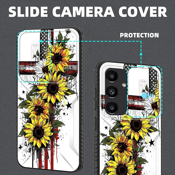 for Galaxy S25 FE Case Built in Slide Camera Lens Cover,Heavy Duty Shockproof Protection Dual Layer Case for Samsung Galaxy S25 FE 6.7" 2025,Cross American Flag Sunflower
