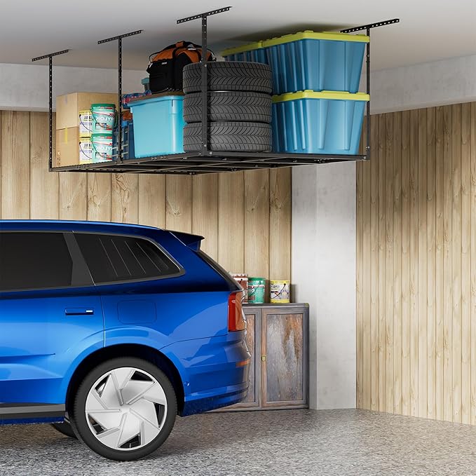 4 x 8 FT Overhead Garage Storage Rack, Adjustable Ceiling Storage Racks, Garage Shelving Heavy-duty Storage Organizer System, Load 700LBS Weight(Black)