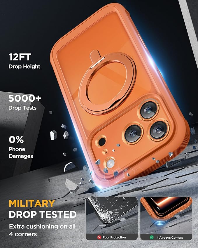 Miracase for iPhone 17 Pro Case with 360 Spin Magnetic Stand, Full-Body Phone Case with Built-in Glass Screen Protector & Camera Control, Drop Proof iPhone 17 Pro Cover, Orange