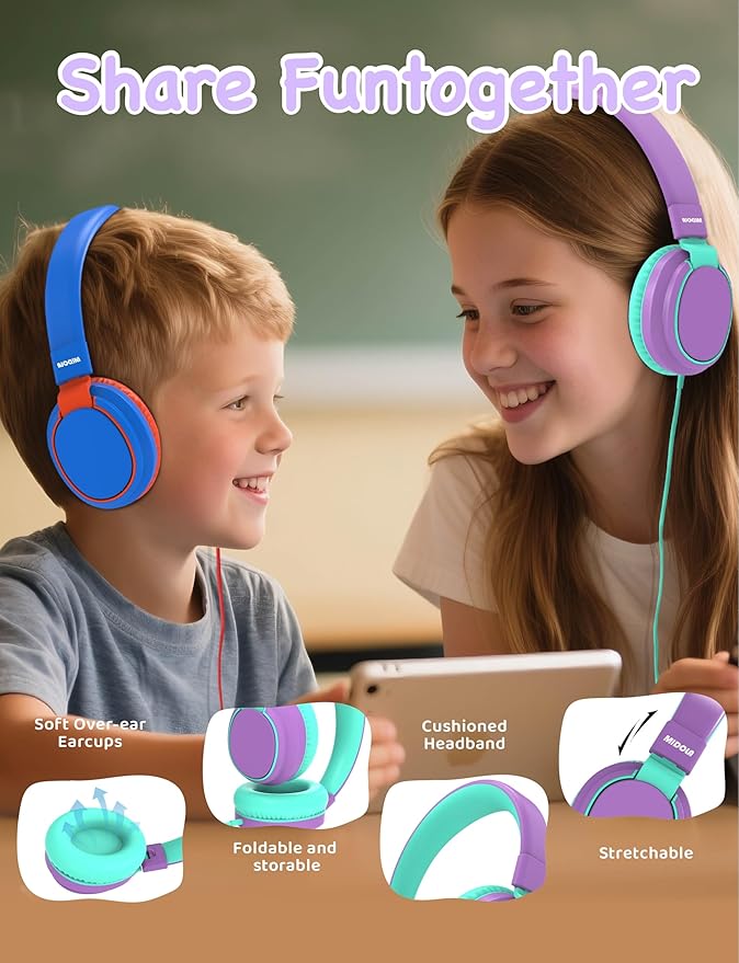 MIDOLA Kids Headphone Wired Volume Limited 85/94dB Over-Ear/On-Ear Foldable Headset with Microphone Hearing Protection Headphones for Toddler Boy Girl Child School Learning Pad Tablet Purple