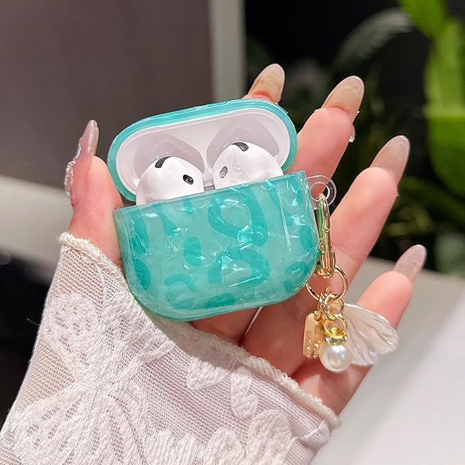 for Airpod 4 Cute Case with Shell Pearl Keychain Luxury Aesthetic Leopard Hard Protective Cover Compatible with AirPods 4th Generation Case 2024 for Girls Women (Turquoise Blue)