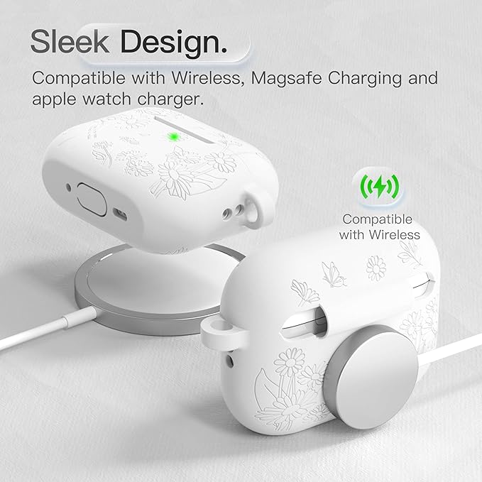 for AirPods Pro 3 Case (2025) DamonLight Daisy Floral Engraved Shockproof Protective Soft Silicone Case Cover with Cleaning Pen and Keychain for Apple Airpods Pro 3rd Generation(White)