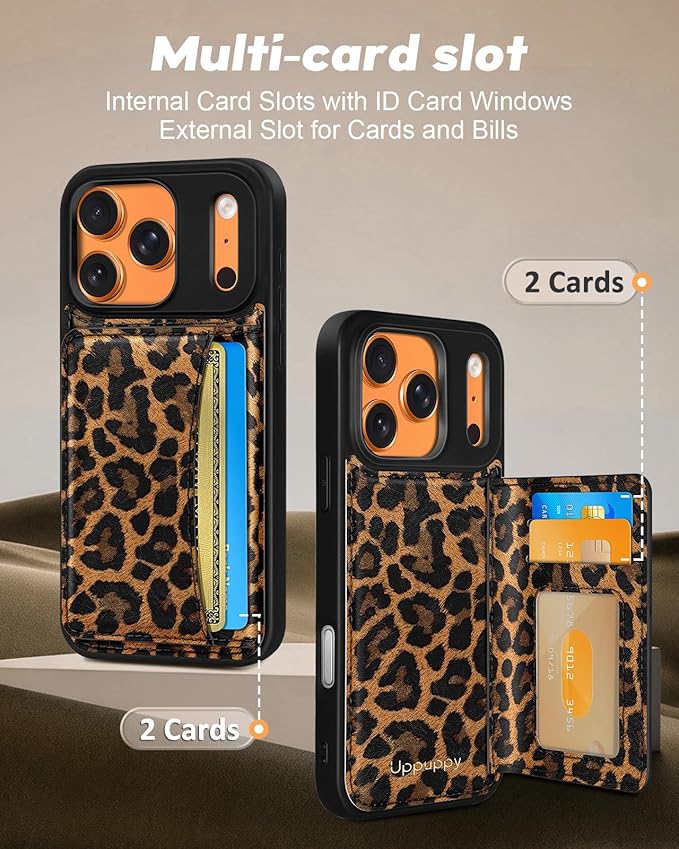 for iPhone 17 Pro Max Case with Wallet - Fits 4 Card Slots, Compatible with MagSafe for Women Aesthetic PU Leather Credit Card Holder Kickstand Phone Cover for Apple 17 Promax, Leopard Print