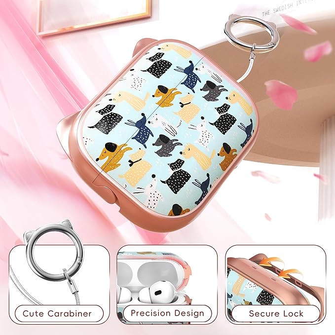 for AirPods Pro 2 Case with Cleaning Kit, Cute Cat Ear Print Design & Cute Buckle for Girls, Phone Holder & Top Safe Lock Buckle Design for AirPods Pro 2nd/1st Gen case, Rose Gold Animal