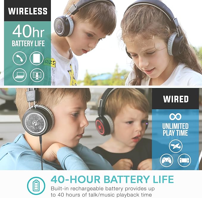 MEE audio KidJamz Share Bluetooth Headphones for Kids with LED Lights, 85dB Volume Limiter, Microphone, 40h Battery; Childrens Headset for School/iPhone/iPad/Tablet (Model: KJ55BT-S, 1-Pack)