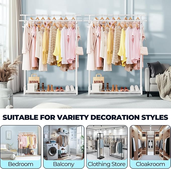 Clothes Rack for Hanging Cloth,Double Rods Metal Clothes Rack with Storage Shelf and Coat/Hat Hook, Freestanding Clothing Rack for Bedroom, Laundry, Cloakroom, White