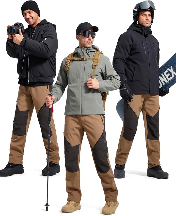 FREE SOLDIER Men's Fleece Lined Outdoor Cargo Hiking Pants Water Repellent Softshell Snow Ski Pants with Zipper Pockets