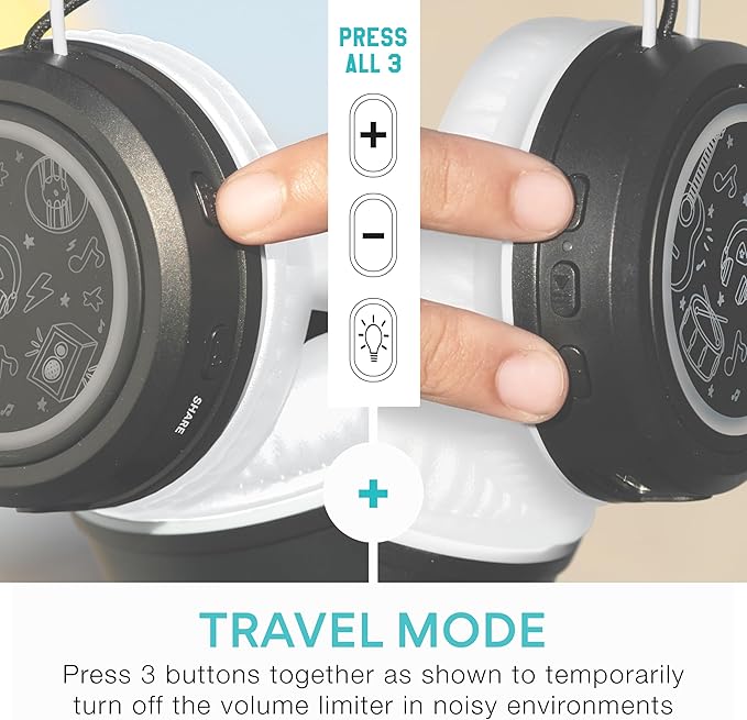 MEE audio KidJamz Share Bluetooth Headphones for Kids with LED Lights, 85dB Volume Limiter, Microphone, 40h Battery; Childrens Headset for School/iPhone/iPad/Tablet (Model: KJ55BT-S, 1-Pack)