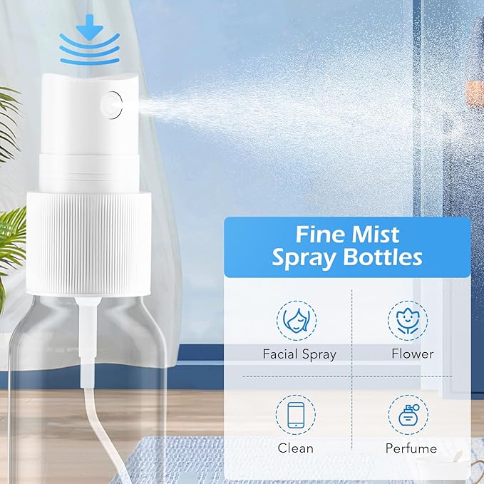 Spray Bottles, 2oz/50ml Clear Empty Fine Mist Plastic Mini Travel Bottle Set, Small Refillable Liquid Containers with 2pcs Funnels and 24pcs Labels (12 Pack)