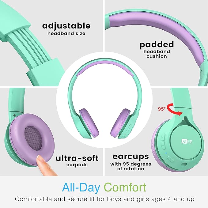 MEE audio KidJamz KJ45BT Children's Safe Listening Bluetooth Wireless Headphones with Volume Limiter & Microphone, Adjustable On-Ear Kids Headset for Online Learning/School/Travel/Tablet Mint/Lavender