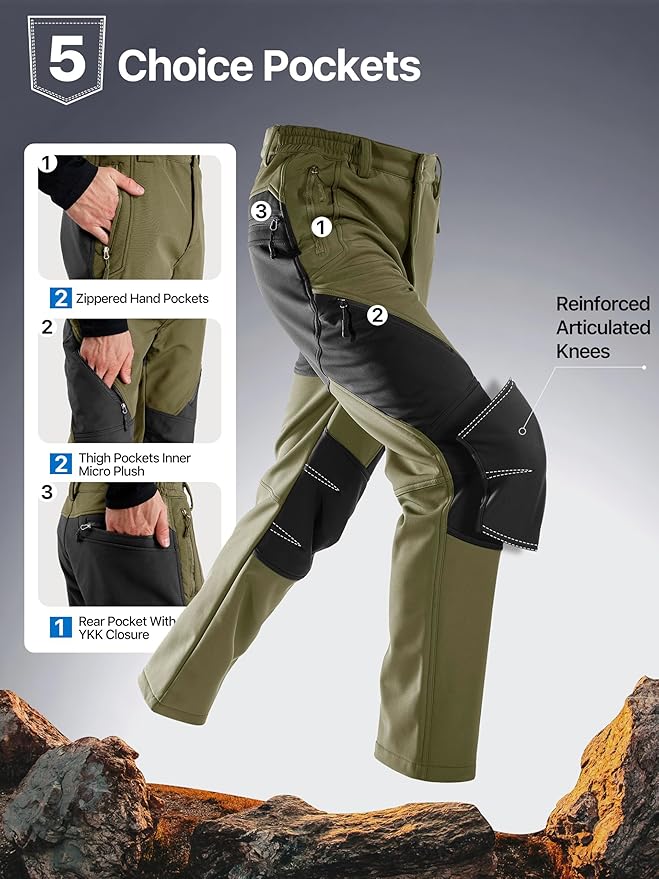 FREE SOLDIER Men's Fleece Lined Outdoor Cargo Hiking Pants Water Repellent Softshell Snow Ski Pants with Zipper Pockets