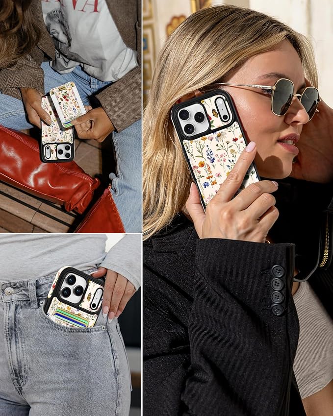 Shorogyt for iPhone 17 Pro Case Wallet - Fits 5 Cards, Compatible with Magsafe Detachable Magnetic Credit Card Holder Leather Cardholder Cute Phone Cover Women Girls for Apple 17Pro, Floral