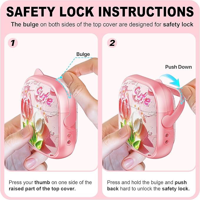 RFUNGUANGO AirPods 4 Case for Women Girly Cat Case with Lock, Phone Stand, Keychain & Cleaner Kit, Compatible with Apple Airpods 4th Generation Case Cover, Pink Tulip