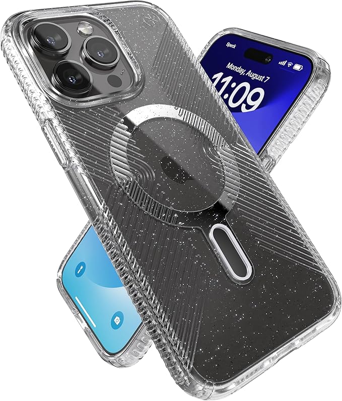 Speck iPhone 15 Pro Max Case - ClickLock No-Slip Interlock, Built for MagSafe, Drop Protection Grip - Anti-Yellowing 6.7 Inch Phone Case - Presidio Lux Grip Clear/Platinum Glitter