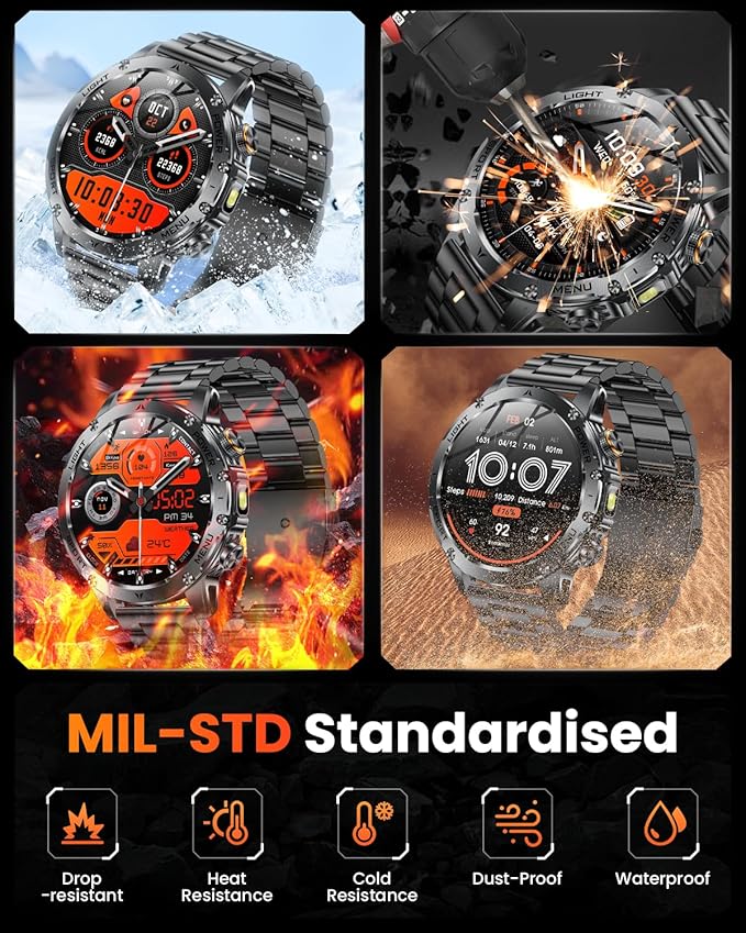 Military Smart Watches for Men, Smart Watch with 1000 mAh Battery/Answer/Dial Calls/Fitness Tracker/Flashlight/Heart Rate/Sleep Monitor/100+ Sports Mode, 1.7″ Waterproof Smartwatch for Android/iPhone