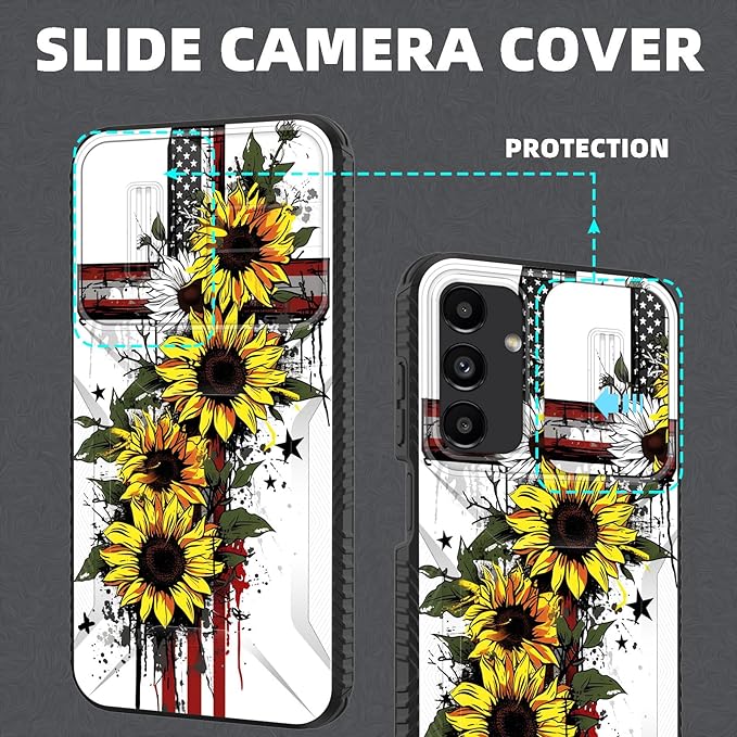 for Galaxy A15 5G Case Built in Slide Camera Lens Cover,Heavy Duty Shockproof Protection Dual Layer Case for Samsung Galaxy A15 5G 6.5 inch 2024,Cross American Flag Sunflower