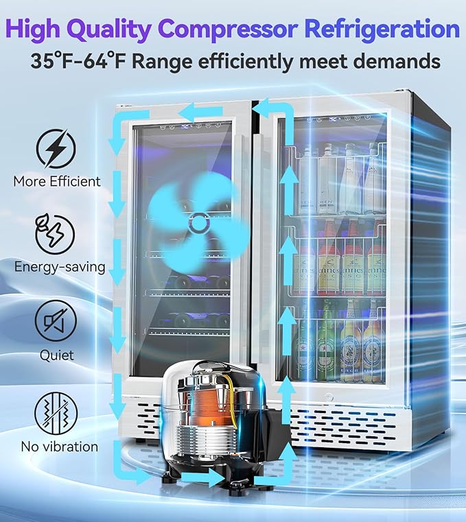 Dual Zone Beverage Refrigerator, 30'' Beverage Fridge with Detachable Basket, Intelligent Control Beverage Cooler with Glass Door Built-in or Freestanding with Blue LED Light, Hold 130 Can 60 Bottle
