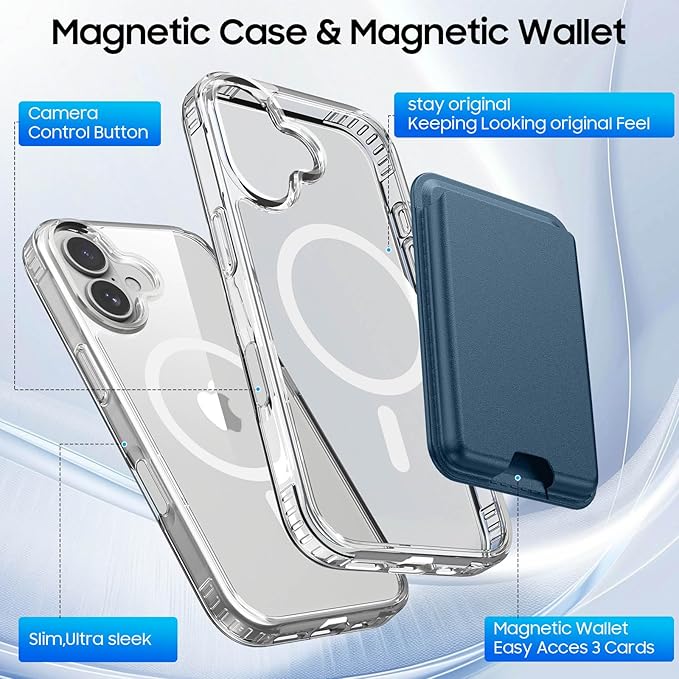 Magnetic for iPhone 16 Clear Case with Blue Detachable Wallet, Compatible with MagSafe, Credit Card Holder with Slim Shockproof Protective Phone Cover