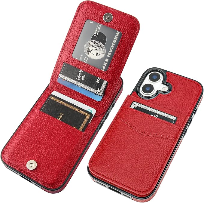 KIHUWEY Compatible with iPhone 17 Case Wallet with Credit Card Holder, Flip Premium Leather Magnetic Clasp Kickstand Heavy Duty Protective Cover for iPhone 17 6.3 Inch (Lichee Red)