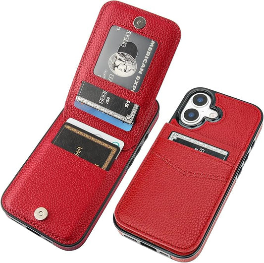 KIHUWEY Compatible with iPhone 17 Case Wallet with Credit Card Holder, Flip Premium Leather Magnetic Clasp Kickstand Heavy Duty Protective Cover for iPhone 17 6.3 Inch (Lichee Red)