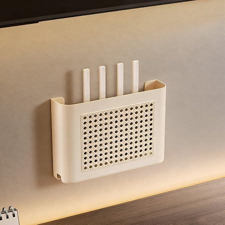 Router Wall Mount, Perforated Ventilated Modem Shelf Router Storage Box with Antenna Slots, No-Drill Router Hider for WiFi Router, Modem and Cable Management(11.8in)