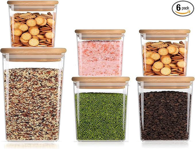 Square Storage Containers with Lids, Clear Food Storage Container Jar with Sealing Bamboo Lid for Noodles Flour Cereal Rice Sugar Tea Coffee Beans (20oz*3/40oz*2/67oz*1)