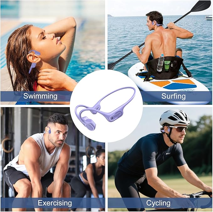 IP68 Waterproof Swimming Headphones, Bone Conduction Liquid Silicone Bluetooth Headphones, Built-in 32GB MP3 Player, Soft and Lightweight Open-Ear Design for Swimming/Marathons/Showers/Cycling(Purple)