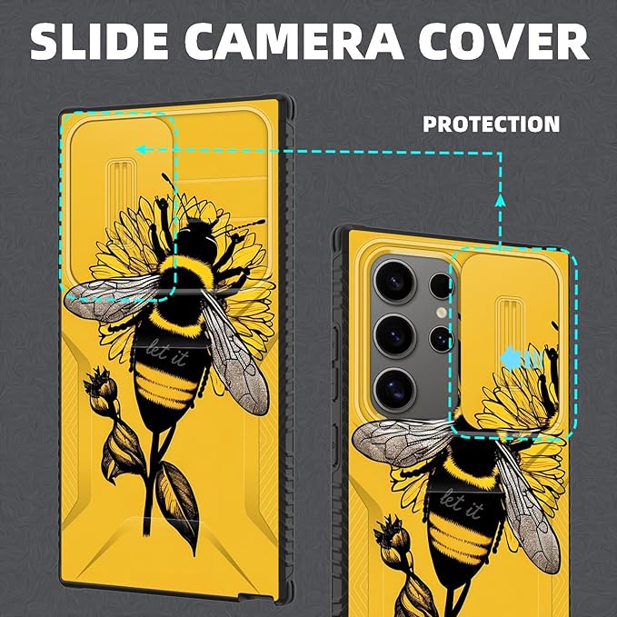 for Galaxy S26 Ultra Case Built in Slide Camera Lens Cover,Heavy Duty Shockproof Protection Dual Layer Case for Samsung Galaxy S26 Ultra 6.9" 2026,Honeybee Flower