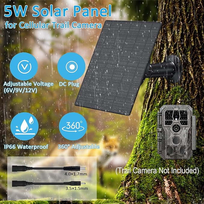 Zivif 5W Trail Camera Solar Panel, 10400mAh Built-in Battery, Adjustable 6V/9V/12V Output, DC Plugs 5.5x2.1mm 4.0x1.7mm 3.5x1.35mm, IP66 Waterproof, 360° Mount, 9.8ft Cable